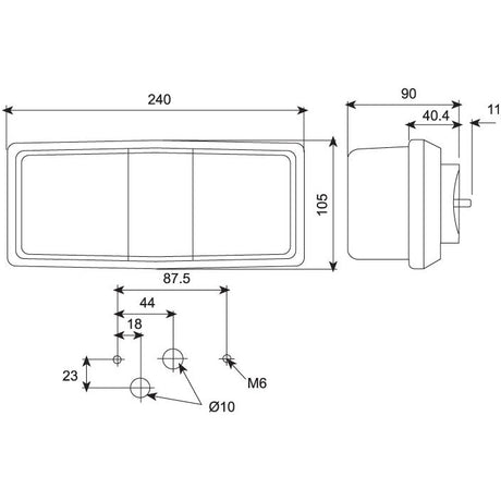 Technical drawing of the Sparex Rear Combination Light (Halogen) component with dimensions. The front view shows a length of 240 mm and a height of 105 mm. The side view displays a depth of 90 mm. Additional measurements for mounting holes are designed to fit the Truck-Lite halogen light system, accommodating brake, tail, and indicator functions on both right-hand and left-hand sides at 12V - S.21851.