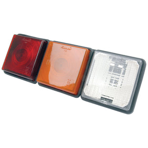 Three rectangular vehicle lights from Sparex: one red on the left, one orange in the middle, and one clear on the right, all featuring durable polycarbonate lenses arranged in a row on a white background. The product used is the Halogen Rear Combination Light 12V, RH & LH - S.21863.