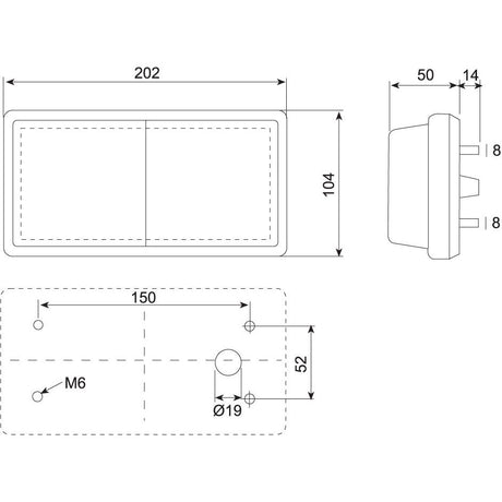 Technical drawing of a rectangular object with dimensions 202x104 mm, and side depth 50 mm. Includes hole sizes of 6 mm and 19 mm, hole spacing details, and additional side measurements for accommodating Sparex Rear Combination Light (Halogen), Function: Brake/Tail/Indicator, RH & LH, 12V - S.21865.