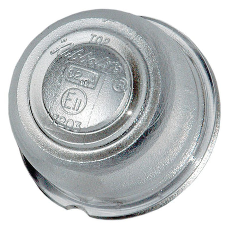 A silver locking gas cap with text and markings, including 'TOP' and 'E11', embossed on its surface, perfect for use with Sparex products like the Replacement Lens (S.21870) or Sparex Part No.S.21871.