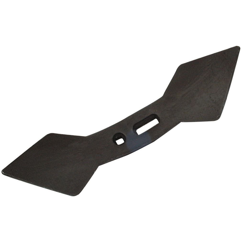 The Reversible double heart point 440x135x20mm mower blade by Sparex, designed for heavy-duty tasks, features a wide base that tapers to two sharp cutting edges. It includes two holes near the middle, one rectangular and one circular, with hole centers at 45/75mm.