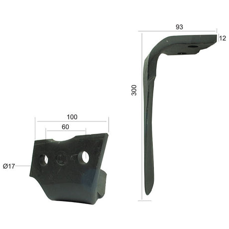 Power Harrow Blade 100x12x300mm LH. Hole centres: 60mm. Hole⌀ 17mm. Replacement forAlpego.
 - S.21973 - Farming Parts