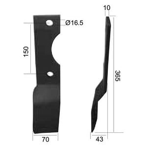 Rotavator Blade Twisted LH 70x10mm Height: 365mm. Hole centres: 150mm. Hole⌀: 16.5mm. Replacement for Alpego
 - S.21981 - Farming Parts