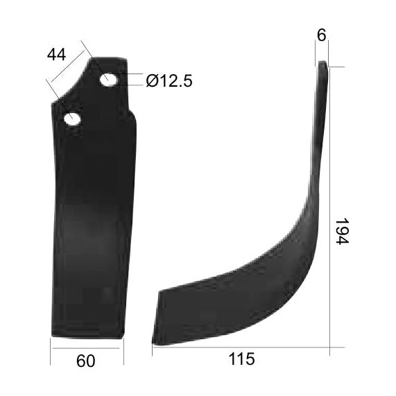 Rotavator Blade Curved LH 60x6mm Height: 194mm. Hole centres: 44mm. Hole⌀: 12.5mm. Replacement for Maschio
 - S.21985 - Farming Parts