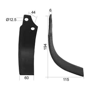 Rotavator Blade Curved RH 60x6mm Height: 194mm. Hole centres: 44mm. Hole⌀: 12.5mm. Replacement for Maschio
 - S.21986 - Farming Parts
