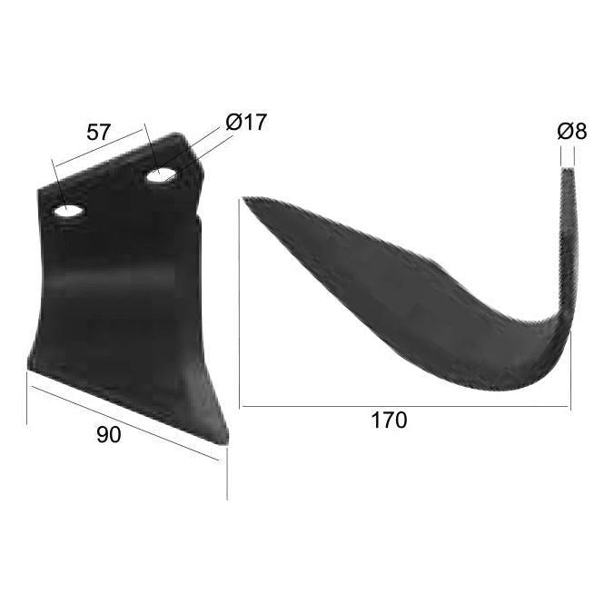 Rotavator Blade Curved LH 90x8mm Height: 170mm. Hole centres: 57mm. Hole⌀: 17mm. Replacement for Agram
 - S.21994 - Farming Parts