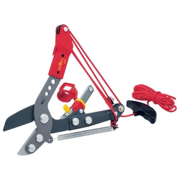 Introducing the Wolf - Lopping Shears - RCVM by JMCE DEALS, a red and black tree pruner equipped with an anvil cutting mechanism and rope-operated cutting technology. This professional-grade tool features a spring-loaded handle for ease of use, designed specifically for effortless ladderless tree care.