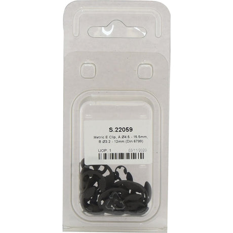 A package of Sparex Metric E Clips (Sparex Part No. S.22059), with dimensions A: Ø4.5 - 15.5mm and B: Ø3.2 - 12mm (DIN 6799), labeled with a barcode and date 03/31/2020, containing multiple black clips is available in Agripak containing 36 pieces.
