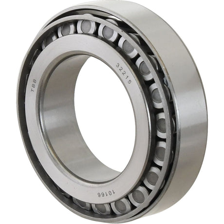 A Sparex Taper Roller Bearing (32215) - S.22134 features metallic, cylindrical rollers arranged in a cone-shaped structure.