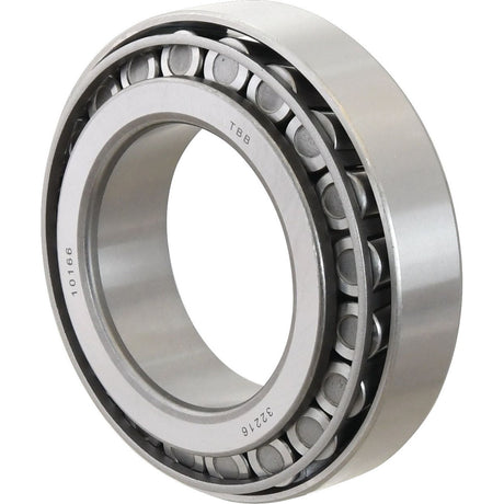 A close-up of a cylindrical roller bearing with a metal outer and inner ring, featuring rows of cylindrical rollers, reminiscent of the precision design characteristic of the Sparex Taper Roller Bearing (32216) - S.22135.