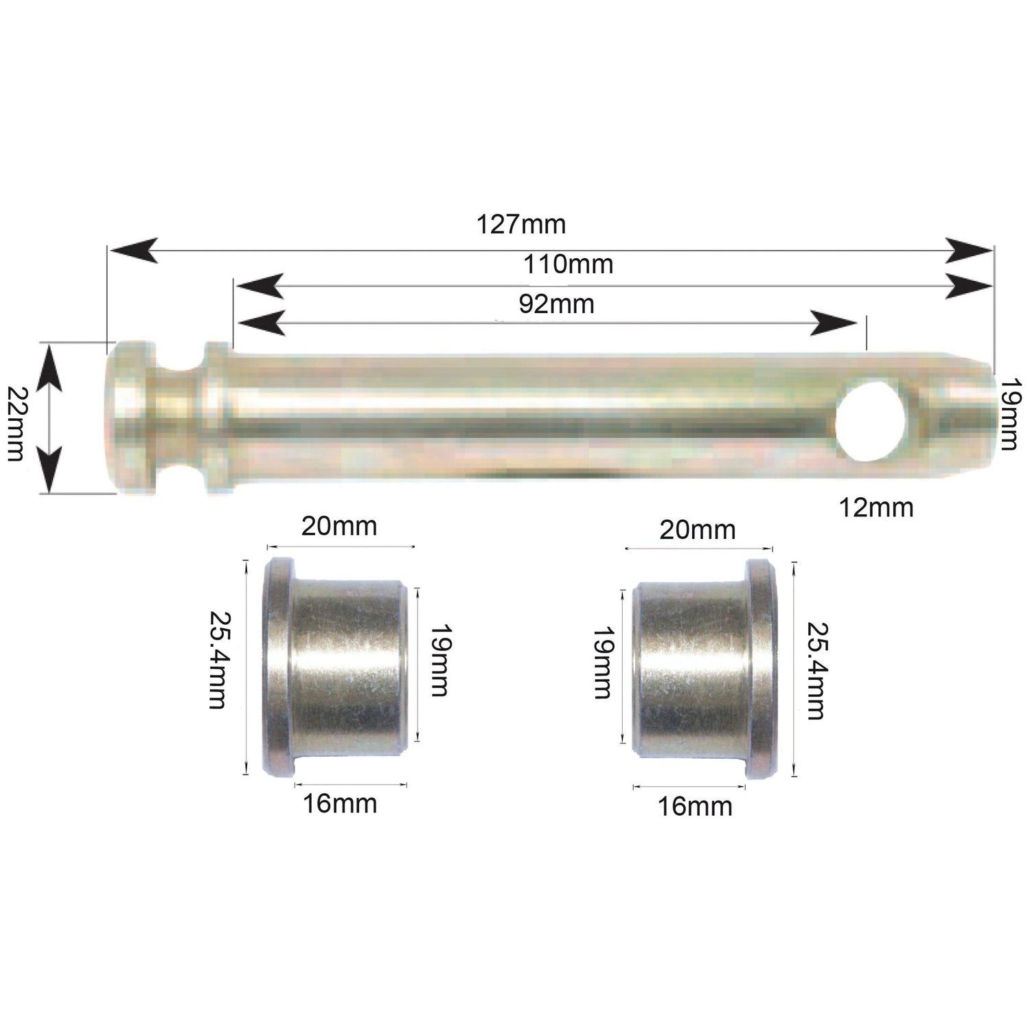 A metal rod with dimensions and two cylindrical bushings. This top link pin, part of the Conversion Kit (Sparex Part No.S.222) by Sparex, measures 127mm in length and varies in width at different points. The included bushings measure 25.4mm by 20mm and 20mm by 19mm, as shown in the image.