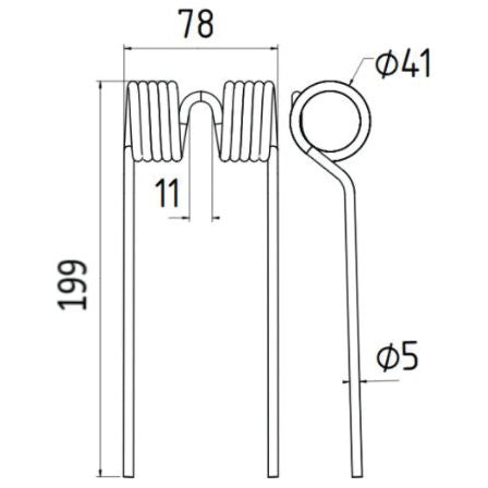 Line drawing of a Pick-Up Tine from Sparex, designed as a replacement for Massey Ferguson (Part No. 585136M1), with dimensions labeled: 78mm wide, 199mm tall, 5mm coil diameter.