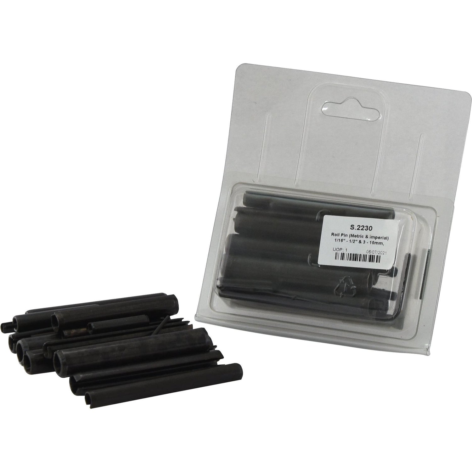 A group of black plastic tubes, some loose and some packaged in a clear plastic container with a white label, resembling the Sparex Roll Pin assortment (Metric & Imperial) 1/16'' - 1/2'' & 3 - 10mm, 36 pcs. (DIN | Standard No.: DIN 1481), commonly known as Agripak (Sparex Part No. S.2230).