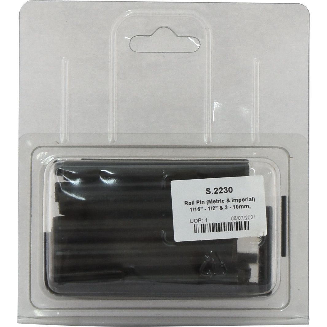 A package labeled "Sparex Roll Pin (Metric & Imperial) 1/16'' - 1/2'' & 3 - 10mm, 36 pcs. (DIN | Standard No.: DIN 1481), Agripak. Sparex Part No.S.2230" features a transparent design that reveals its contents, providing clear visibility of the assortment of roll pins inside. The label prominently indicates compliance with DIN 1481 standards.