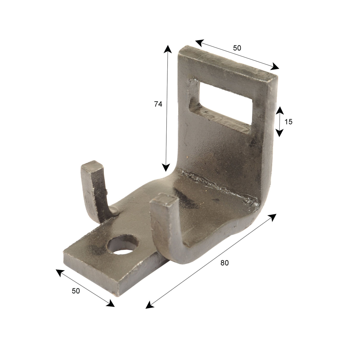 A Sparex S Tine Clamp for Universal Tractors, designed with a rectangular cutout, two prongs, and a screw hole. It features dimensions of 80mm in length, 50mm in width, and 74mm in height, with a 15mm height at the rectangular cutout. This clamp is suitable for 50x50mm applications and is identified as Sparex Part No.S.22328.