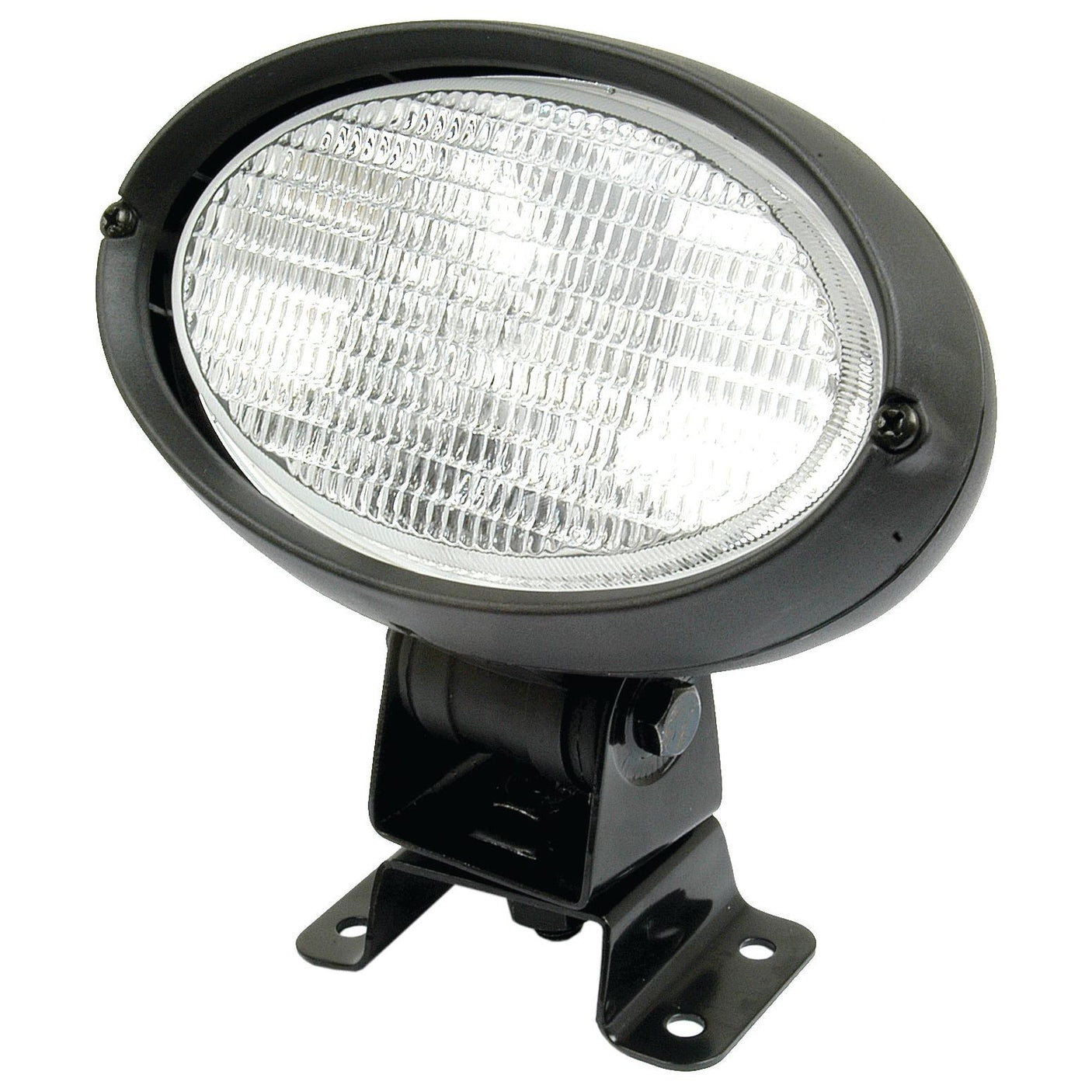 The Sparex Work Light (Halogen), Oval, RH & LH, 12V | Part No. S.22391 is a black light fixture featuring a clear, ribbed lens and comes with a mounting bracket, making it perfect for use as a halogen work light.