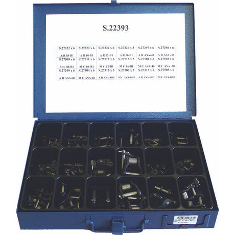 Open blue metal Sparex Drive Chain Repair Kit (Part No. S.22393), containing assorted small metal hardware pieces, each compartment labeled with part numbers for 40-1, 50-1, 60-1, 80-1 H, 08B-1, 10B-1, 12B-1, and 16B-1 chains. The lid features a detailed parts inventory list for easy reference.