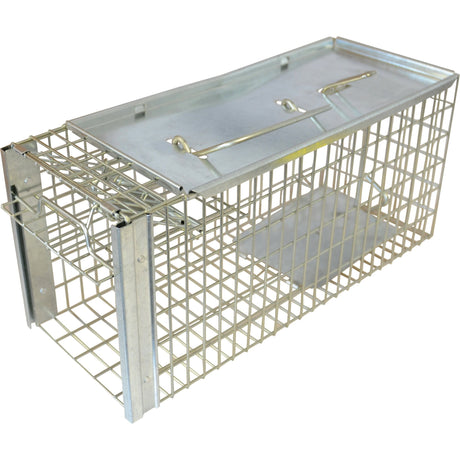 A rectangular rat trap with a metal wire mesh construction and a closed entrance door, available as Rat Trap | Sparex Part No.S.22414 from the brand Sparex.