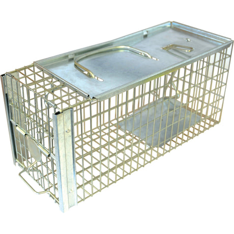 The Sparex Rat Trap (Part No. S.22414) is a metal trap designed in a cage style, featuring a handle and a trap door.