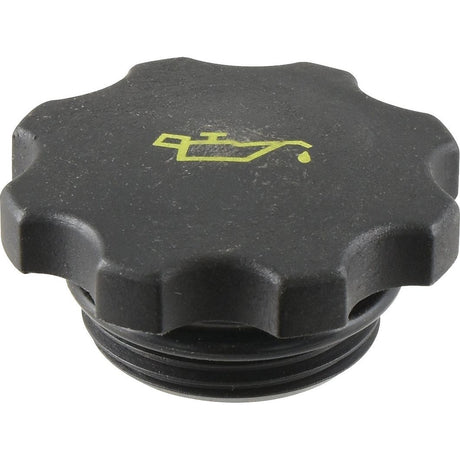 A black Engine Oil Cap (Sparex Part No. S.22420) with a yellow oil can symbol, compatible with Sparex and Massey Ferguson models, perfect for your vehicle.