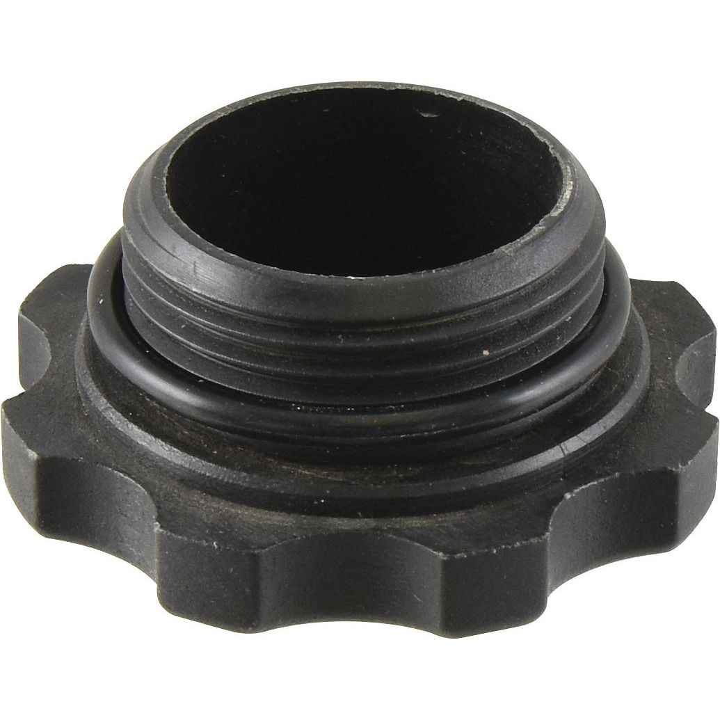 The Sparex Engine Oil Cap (Sparex Part No. S.22420) features a black, threaded plastic design with a ridged outer edge and an inner rubber seal, making it ideal for use as an engine oil cap on Massey Ferguson tractors.