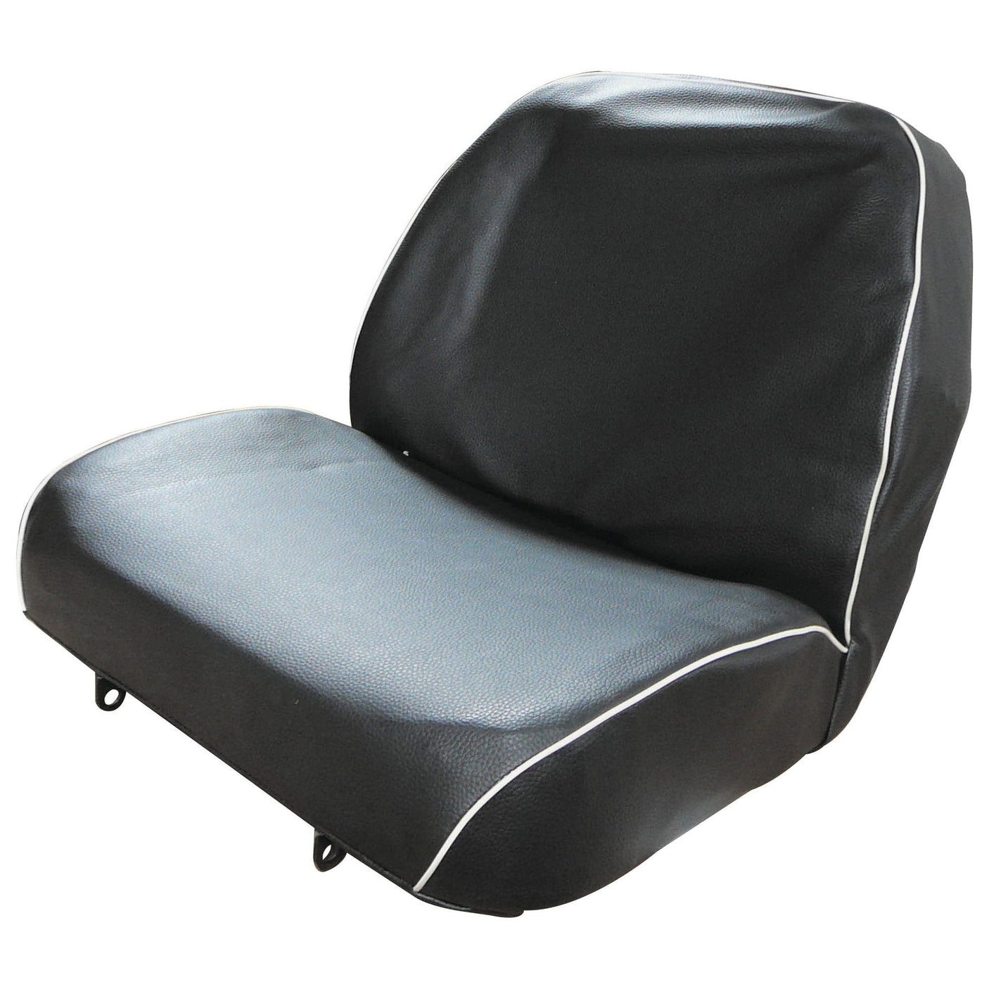 Sparex Seat Assembly (Sparex Part No. S.22464) featuring a black cushioned seat with a curved backrest and white piping detailing on the edges.