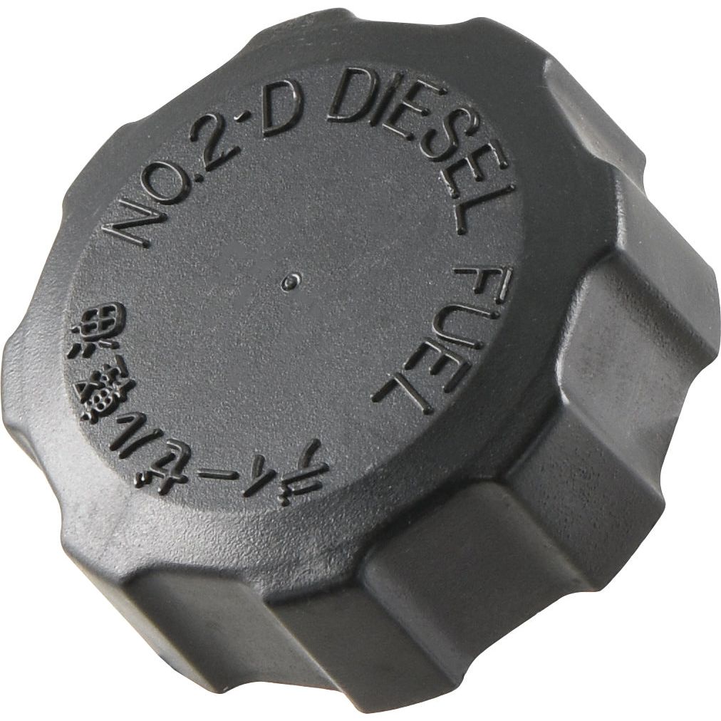 Close-up of a black plastic fuel cap labeled "NO.2-D DIESEL FUEL." The Fuel Cap by Sparex (Part No. S.22497), compatible with Kubota equipment, features a grooved edge for grip.