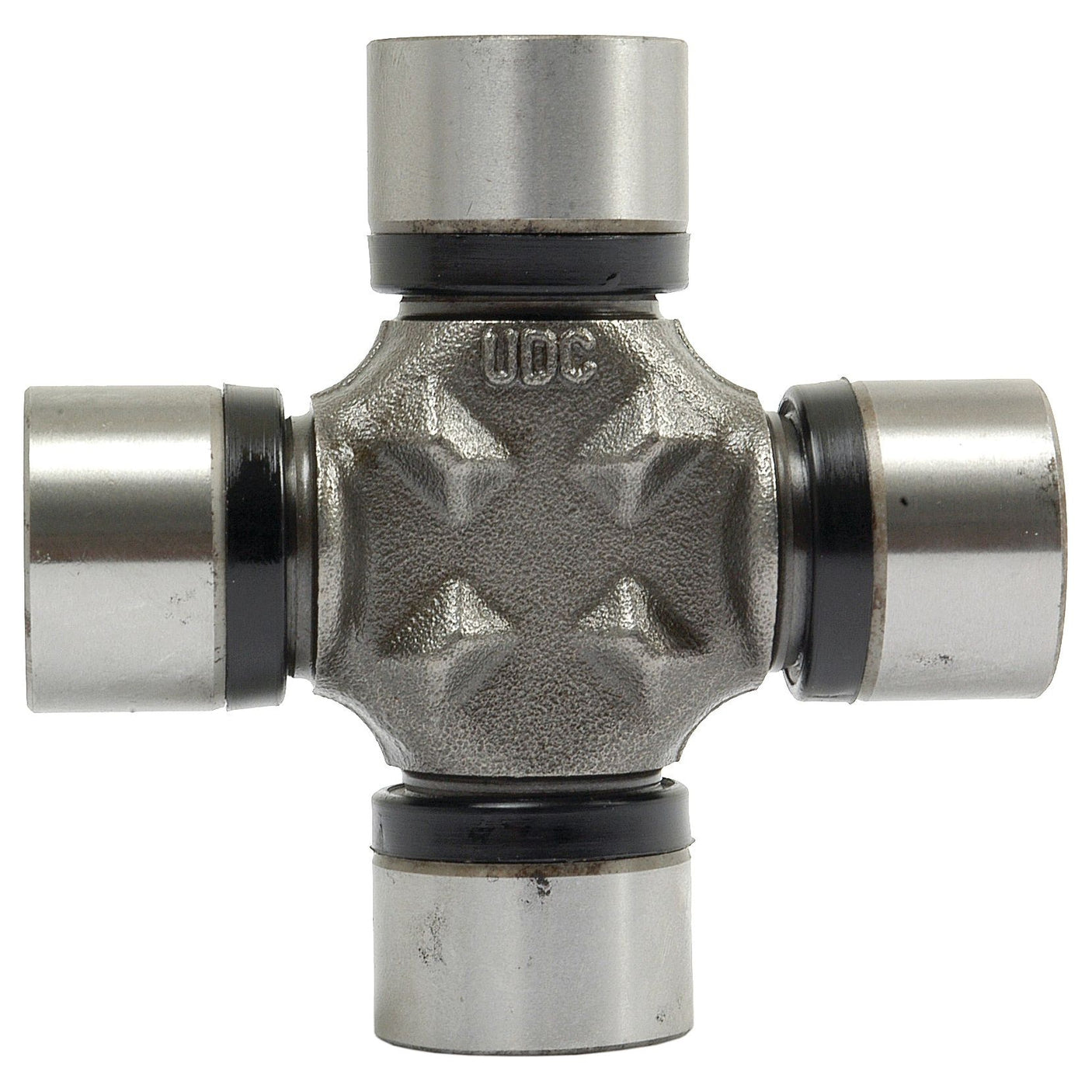 Close-up of a Sparex Universal Joint 27 x 81.50mm (Part No. S.22508) with four cylindrical bearings extending from a central cross-shaped piece.