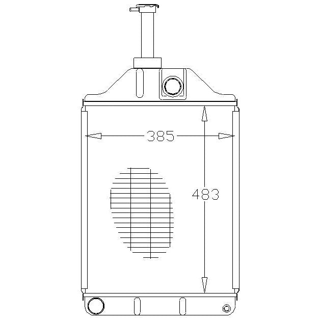 Line drawing of a rectangular container with a cylindrical top section, dimensions labeled as 385 and 483, and circular details on the front and top views, resembling the precise engineering seen in Sparex S.22509 Radiator for Massey Ferguson 575 tractor parts.