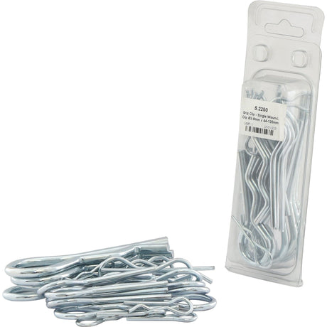 A pack and several loose silver cotter pins, including the Sparex Grip Clip - Single Wound, Clip Ø2-6mm x 44-120mm (Part No. S.2250), commonly used to secure bolts and other fasteners.