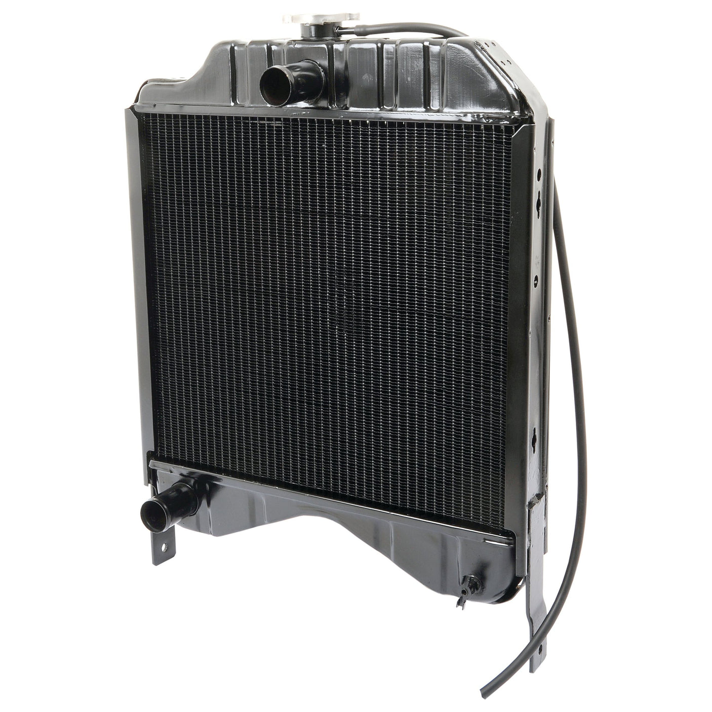 Introducing the Sparex Radiator - S.22510: a black radiator with a mesh core, upper and lower hose connections, and topped with a Sparex radiator cap.