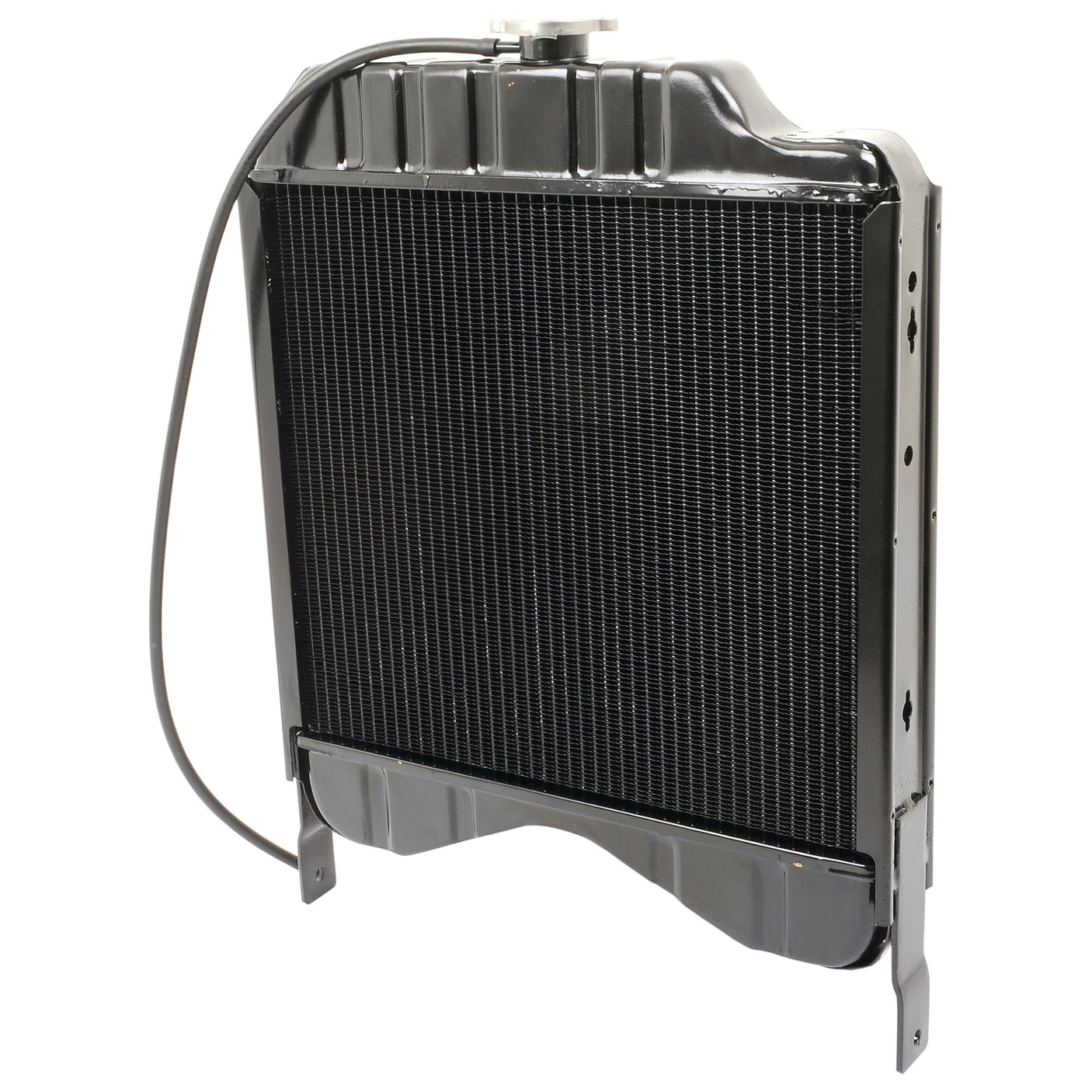 The Radiator - S.22510 by Sparex is a metal automobile radiator featuring black cooling fins, an attached hose, and a secure radiator cap, specifically designed to dissipate heat from the engine coolant.