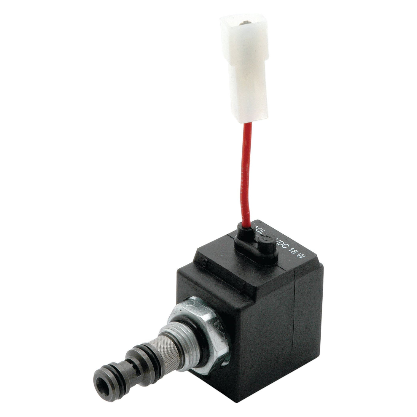 Image of the Sparex Solenoid Valve (Sparex Part No. S.22514), a black electronic solenoid valve featuring a cylindrical metal actuator and a red and white wire connector, suitable for Ford / New Holland applications.