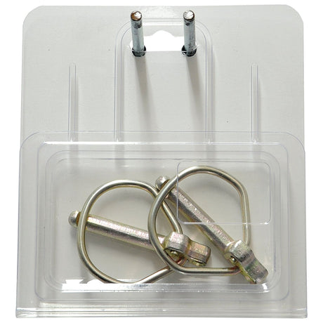 Two Rűbig Safety Linch Pins, each with a diameter of 7.5mm and a length of 44mm, are packaged in clear plastic and mounted on a Sparex-branded cardboard backing. The package is hanging on a display hook.