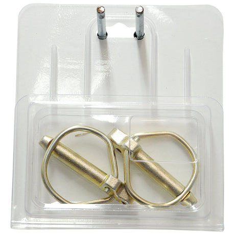 The Sparex Rűbig Safety Linch Pin package (Sparex Part No.S.22537) contains two metal pins, each with a diameter of 9.5mm and a length of 46mm, designed for Standard Duty use and secured with circular wire fasteners. A peg hook is attached to the top of the plastic Agripak packaging.