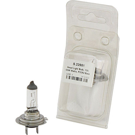 A 12V, 55W halogen light bulb, specifically the Sparex Light Bulb (Halogen) H7, PX26d (Agripak 1 pc.) | Sparex Part No.S.22551, is shown outside its transparent plastic packaging.