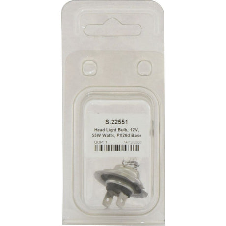 A packaged Sparex Halogen light bulb labeled S.22551 (Light Bulb H7, 12V, 55W, PX26d, Agripak 1 pc.).