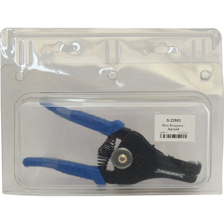 A pair of black and blue Wire Stripper - Automatic (Agripak 1 pc.), Sparex Part No. S.22553, neatly packaged in a clear plastic clamshell with an Agripak product label on the front.