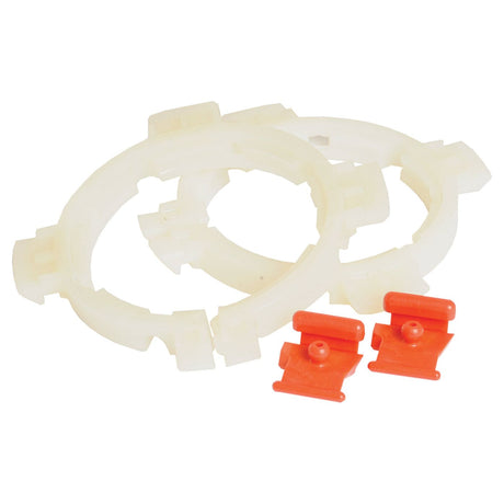 The Sparex PTO Guard Ring Kit - 55 Series (67 x 67mm | Sparex Part No. S.22569) features plastic mounting rings and two red clips, all arranged on a plain white background.