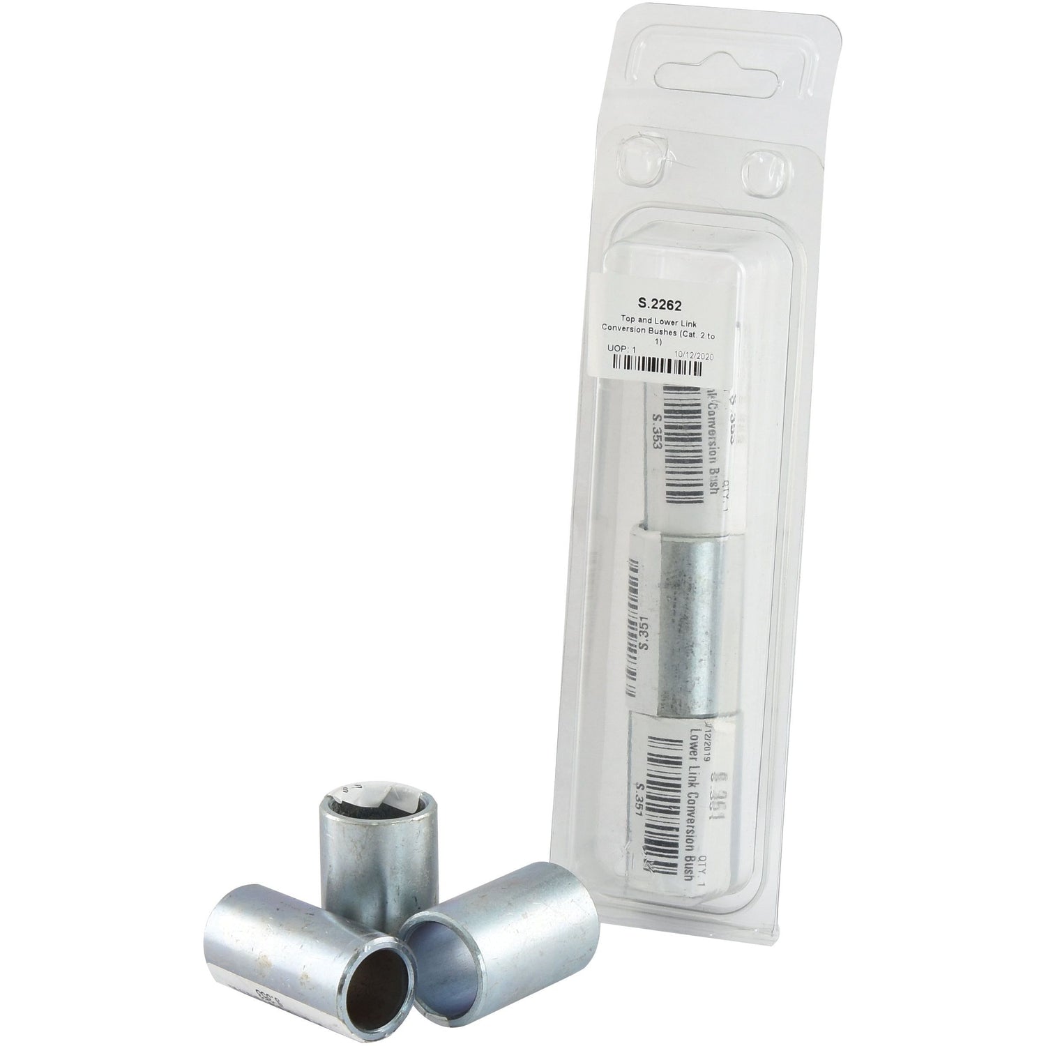 Three metal sleeves are displayed, with one inside clear plastic packaging labeled "Top and Lower Link Conversion Bushes (Cat. 2 to 1) (3 pcs. Agripak)" by Sparex, featuring text and barcodes and marked as Sparex Part No.S.2262.