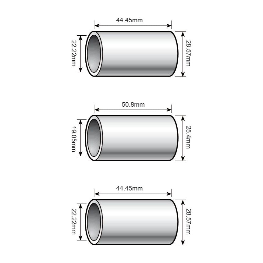 The diagrams display three cylindrical pipes with measurements as follows: Top pipe - diameter 44.45mm, length 28.57mm; Middle pipe - diameter 50.8mm, length 25.4mm (Agripak OEM part number); Bottom pipe - diameter 44.45mm, length 22.22mm (Product Name: Top and Lower Link Conversion Bushes [Cat. 2 to 1] (3 pcs., Agripak) | Sparex Part No.S.2262 from the Brand Name: Sparex).