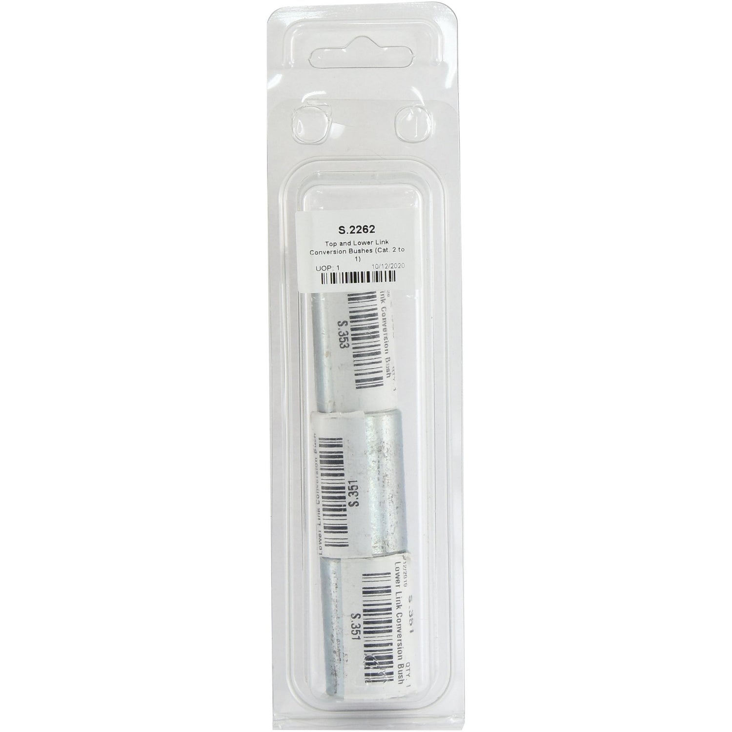 A packaged item labeled "S.2262" contains three Top and Lower Link Conversion Bushes (Cat. 2 to 1) in a clear plastic Agripak designed for hanging on a display, with each piece having an attached barcode sticker. This product is part of the Sparex brand.