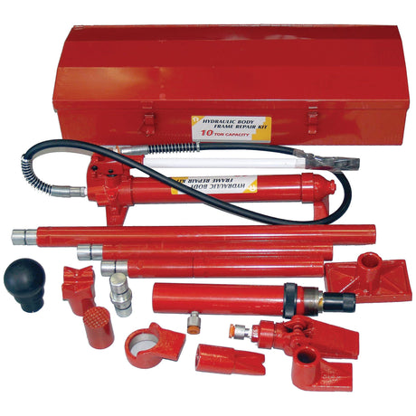 A Sparex Body Repair Kit (Hydraulic) - S.22688, featuring a red design and a 10T capacity, includes various components such as a pump, hoses, bars, and adapters, all laid out in front of a matching red toolbox.