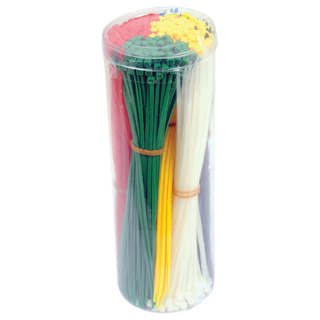 A clear cylindrical container filled with Sparex Cable Ties (Part No. S.22720), featuring various colors such as red, green, yellow, and white. Each non-releasable cable tie measures 200mm x 2.5mm and is bundled together with rubber bands.