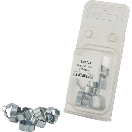 A package of Sparex Hose ''O'' Clips (Sparex Part No. S.22724), Ø13-15mm, featuring several ear clamps displayed outside the packaging against a white background.