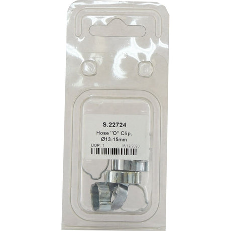 Plastic packaging containing a Hose "O" Clip, Sparex Part No. S.22724, suitable for Ø13-15mm diameters. The packaging includes a barcode and a manufacturing date of 18/12/2020.