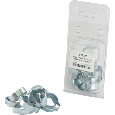 A package containing ten silver Hose "O" Clips, Ø20-23mm, by Sparex (Part No. S.22727) under the Agripak label, with several clamps outside the packaging and a detailed product description and specifications on the label.