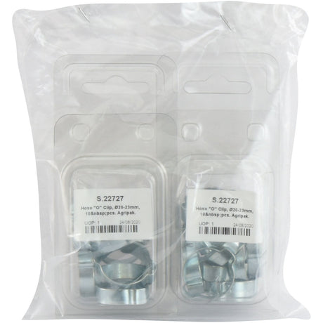 Two packages of Sparex Hose "O" Clips, Ø20-23mm, 10 pcs. Agripak, product code S.22727, in a sealed plastic bag.