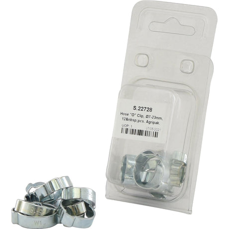 Pack of Sparex Hose ''O'' Clips, containing twelve clips ranging from Ø7-23mm. The Agripak packaging shows five silver clips on the outside and several more visible inside the clear plastic against a white background. | Sparex Part No.S.22728