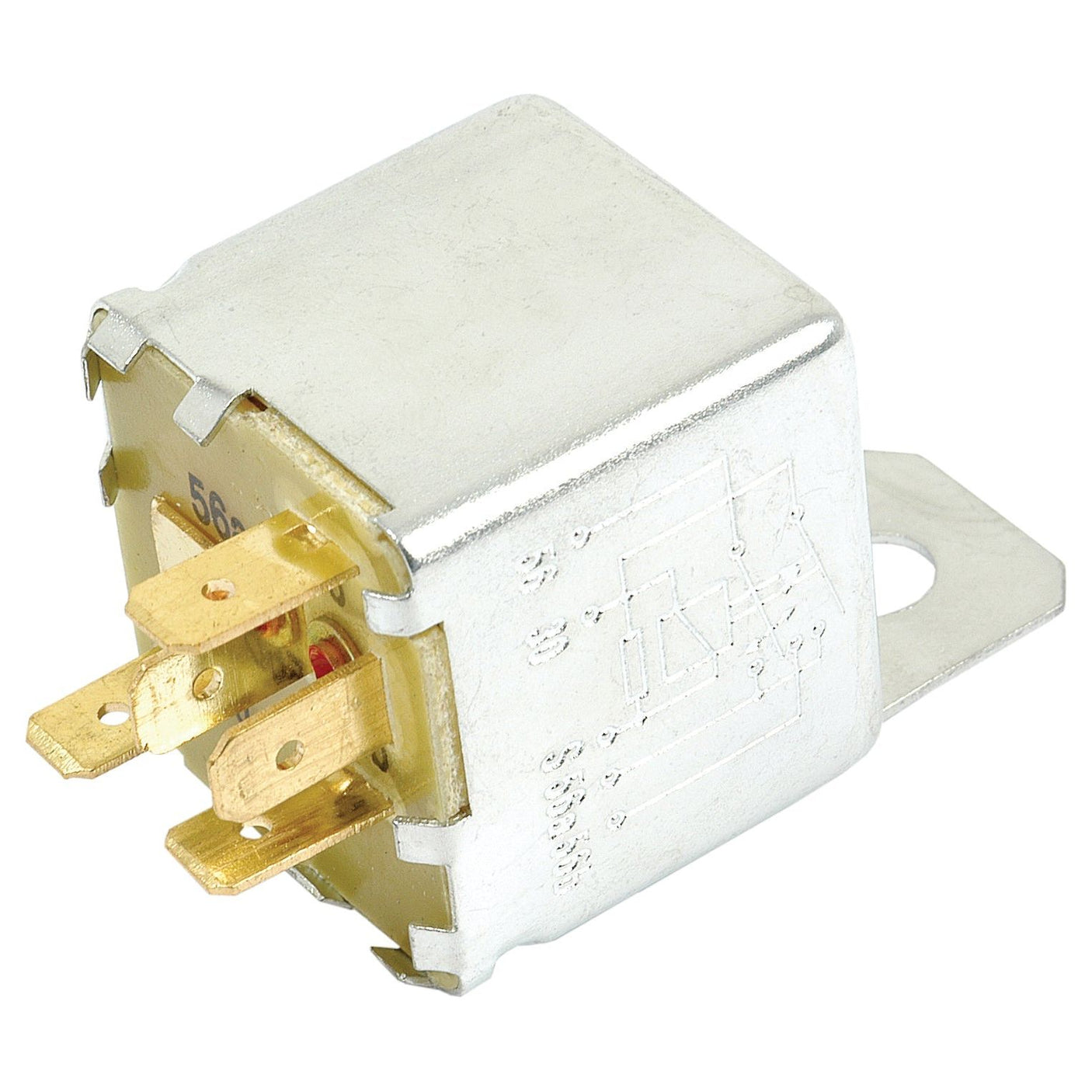 A Sparex Relay, Part No. S.22729, featuring a 12V metal electrical relay with four gold-colored terminals and an attached mounting bracket, compatible with Case IH machinery.